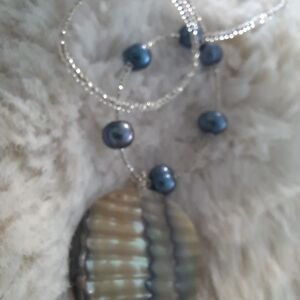 Crystal Chain Necklace with Blue Pearls and Iridescent Shell Pendant